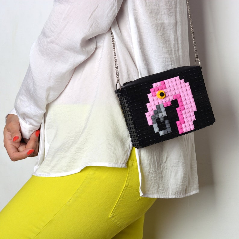 Black crossbody purse with flamingo made with LEGO® bricks FREE SHIPPING handbag trending fashion gift party wedding retro image 2