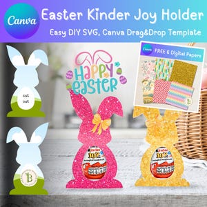 Portauovo Kinder Bunny di Pasqua SVG fai da te stampabile modello di scatola di dolcetti modello di caramelle regali di cioccolato facile Canva trascina e rilascia Cricut download digitale