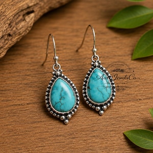 Boho Turquoise Earrings, 925 Sterling Silver Earrings, Handmade December Birthstone Jewelry, Gift for Her