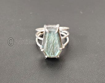 Handgefertigter Labradorit Coffin Ring: 925 Sterling Silber Schmuck