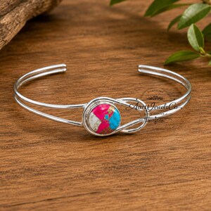 Adjustable Sterling Silver Cuff Bangle, Cotton Candy Turquoise Gemstone, Boho Bracelet