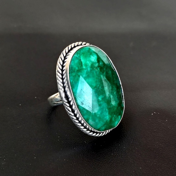 Bague émeraude verte, bague en argent sterling 925, grosse pierre