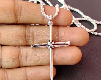 925 Silver Nail Cross Pendant: Handcrafted Christian Necklace