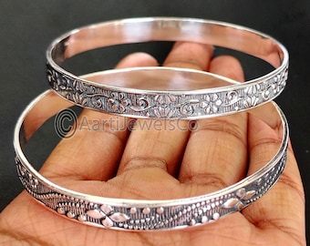 Sterling Silver Bangle Set: Leaf & Flower Design, Stacking Bangles