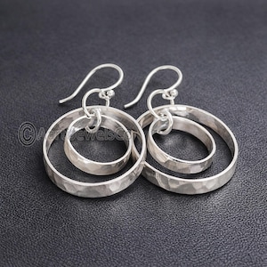 925 Silver Double Hoop Earrings, Hammered Dangle Drop Textured Boho Women Jewelry