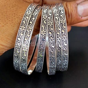 Sterling Silver Flower Bangles - Set of 6 Boho Stacking Bracelets
