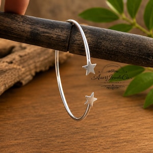 Adjustable Stars Bangle, Celestial Sterling Silver Bracelet, Star Cuff Handmade Boho Jewelry