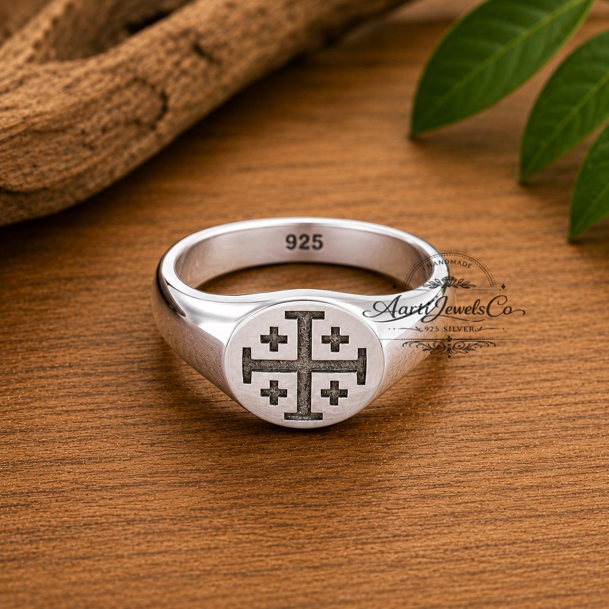 Jerusalem Cross Ring, Silver Christian Signet Ring, Crusader Cross