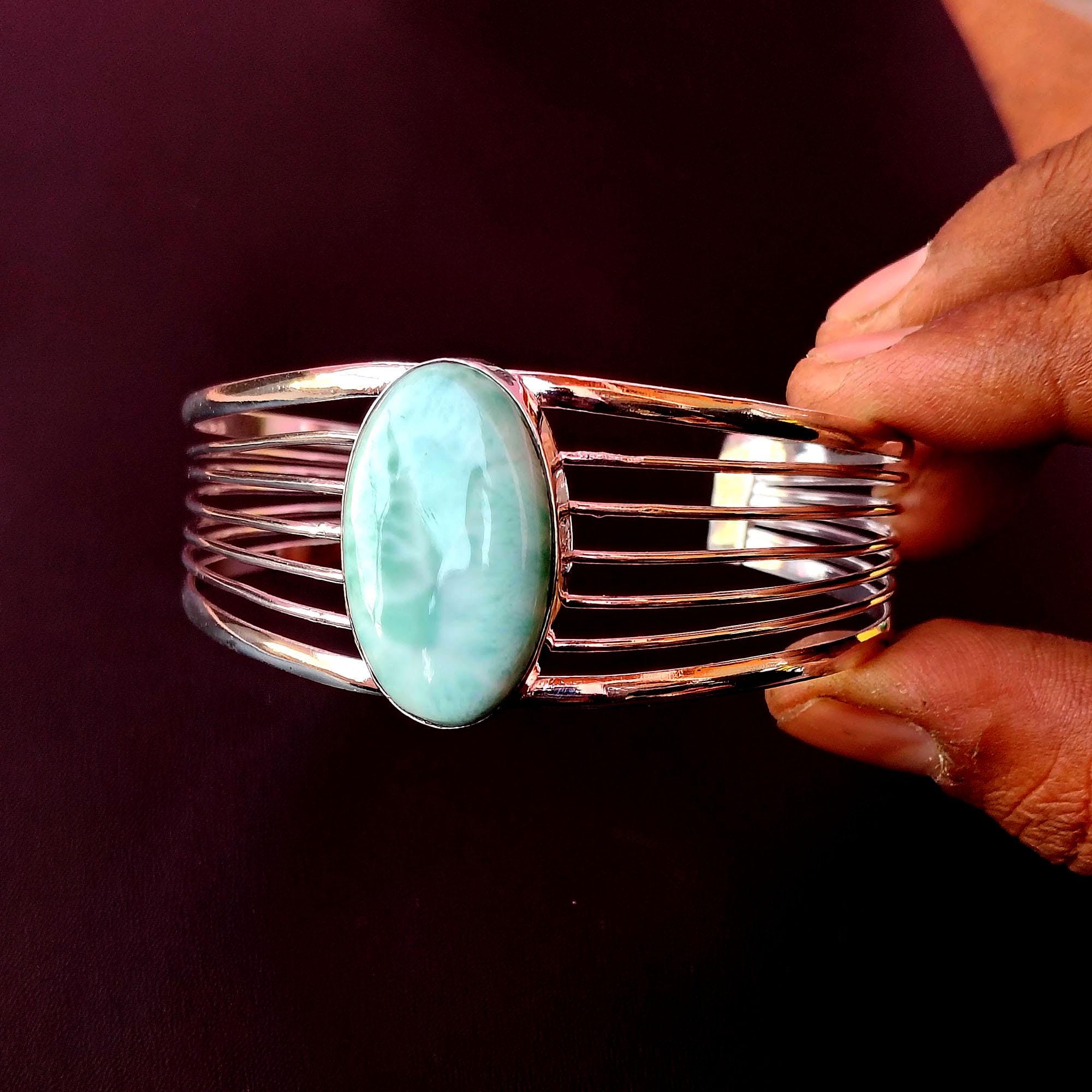 925 Sterling Silver, Natural Larimar Bracelet, Cuff Bangles Women, Blue Larimar Cuff Bracelet, Beautiful Jewelry, Unique Silver Bracelet