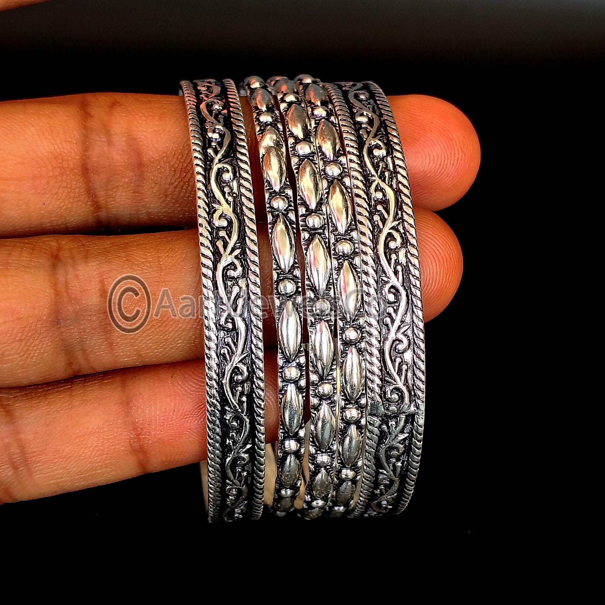 Oxidized Sterling Silver Bangle Set, Vintage Engraved Stackable