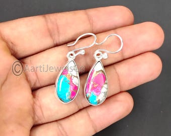 Cotton Candy Turquoise Handmade Earrings: 925 Sterling Silver Dangle Drop