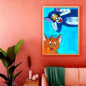 Tom y Jerry: Arte mural acrílico colorido de dibujos animados sobre lienzo para habitación infantil, decoración de sala de juegos, regalo nostálgico para amantes de la animación.