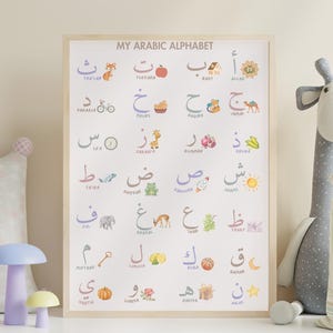 Póster del alfabeto árabe / Imprimible educativo / Decoración de habitación para niños musulmanes / Cuadro de letras árabes / Arte mural islámico