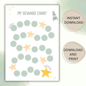 May include: A printable reward chart with a space theme. The chart features a path of circles with stars and the words "Start!" and "Success!" at the beginning and end of the path.