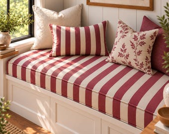 Custom Bench Cushion Indoor, Linen Farmhouse Window Seat Cushion, Bench Nook Cushion, Striped Linen Bench Cushion, Custom Banquette Cushion