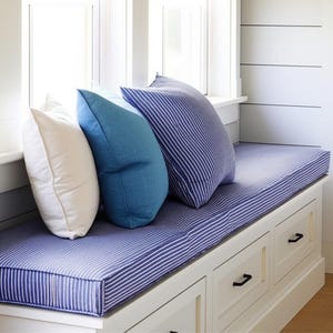 2&quot; Thick Linen Blue Striped Cushion, Custom Bench Cushion Indoor, Window Seat Cushion, Comfy Nook Cushion, Customs Cushion Bench