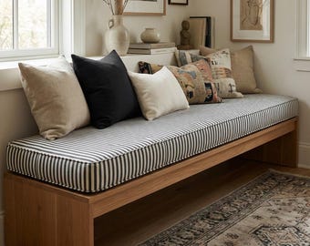 3" Thick Striped Linen Custom Bench Cushion Indoor, Washable Floor Cushion, Window Seat Cushion, Linen Nook Cushion, Ikea Kallax Cushion
