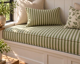 Custom Bench Cushion Indoor, Linen Farmhouse Window Seat Cushion, Bench Nook Cushion, Striped Linen Bench Seat Cushion, Custom Nook Cushion