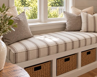 3" Thick Linen Custom Bench Cushion Indoor, Natural Linen Bay Window Seat Cushion, Banquette Removable Cushion, Washable Kallax Cushion