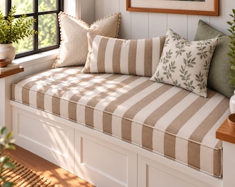 Custom Striped Bench Cushion, Linen Window Seat Cushion, Made to Measure Banquette Cushion with Foam