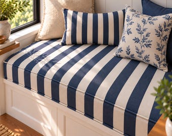 Custom Striped Linen Bench Cushion With Foam, Window Seat Cushion, Reading Nook Cushion