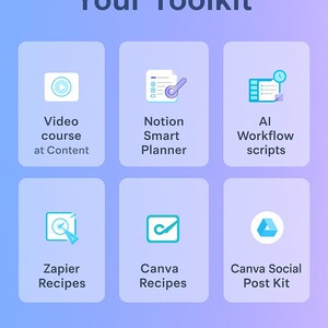 May include: A graphic with the title "What's Inside Your Toolkit" features six icons representing digital tools. These include a video course, Notion planner, AI workflow scripts, Zapier recipes, Canva recipes, and a Canva social post kit. The text "Instant Access via Google Drive" is also present.