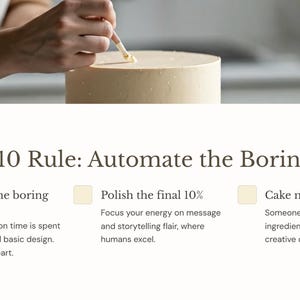 May include: A light-colored cake being decorated with a pastry tool. The text reads "The 90/10 Rule: Automate the Boring Stuff." The text also includes "Automate the boring 90%" and "Polish the final 10%."