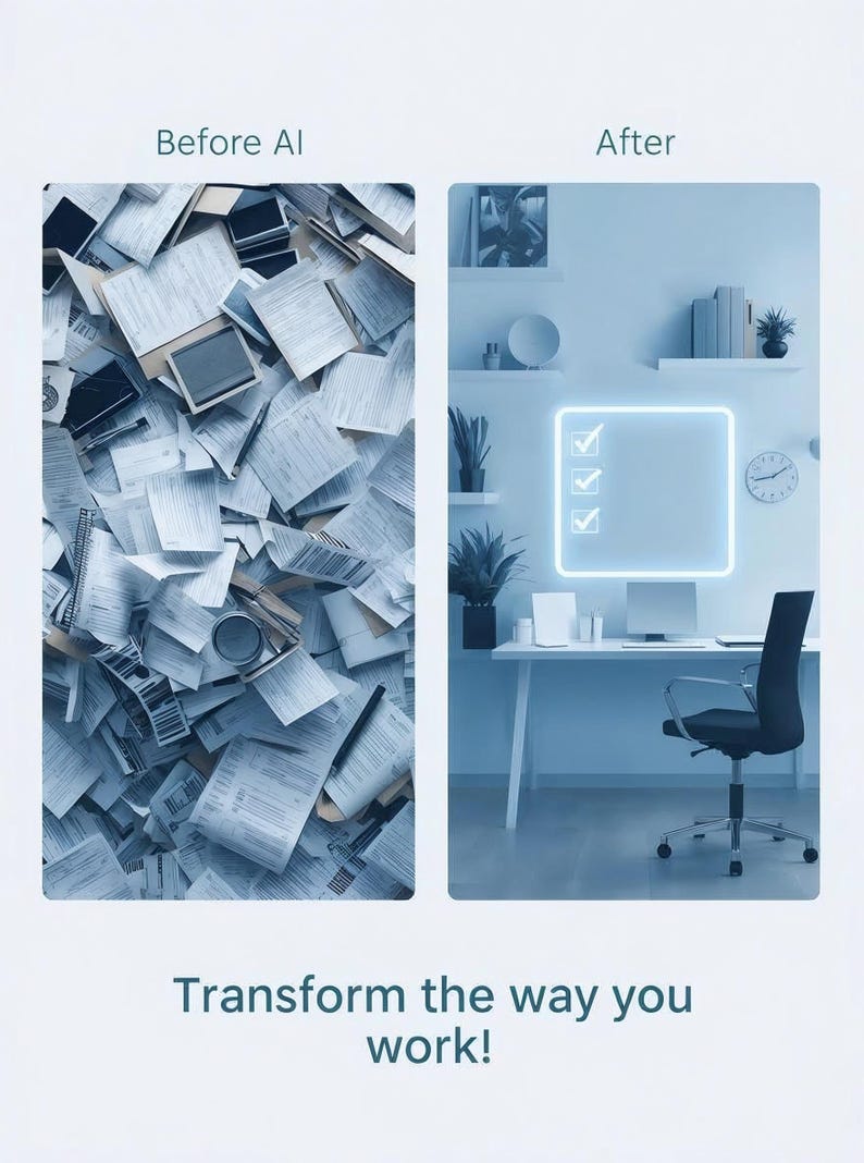 May include: A split image shows a cluttered workspace labeled "Before AI" and a clean, modern office labeled "After." The "After" image features a desk with a computer, a glowing checklist, and the text "Transform the way you work!"