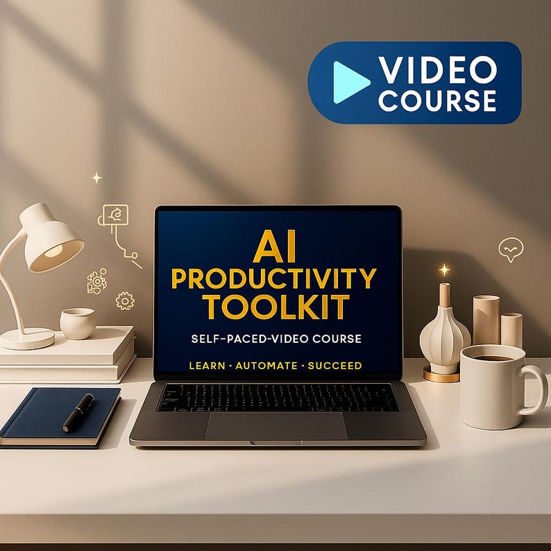 May include: A laptop displays "AI Productivity Toolkit" with "Self-Paced-Video Course" text. A blue notebook with a pen, a white lamp, a coffee mug, and decorative items are on a white desk. A blue banner reads "Video Course".