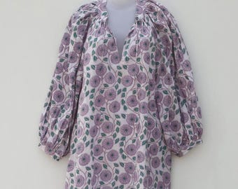 Floral Cotton Midi Dress Women, Handmade Boho Summer Dress, Puff Sleeve Loose Fit Dress, Vintage Floral Casual Dress, Minimal Aesthetic Gift