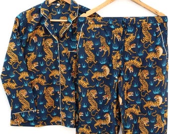 Handmade Tiger Print Pajama Set, Cotton Women Nightwear, Blue Lounge Set, Animal Print Sleepwear, Matching Pajama Set, Aesthetic Loungewear