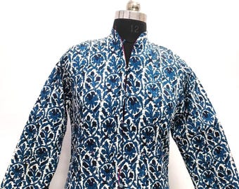 ブルーコットンキルティングジャケット｜インドブロックプリント