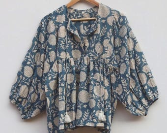 Handmade Cotton Tunic Top, Block Print Boho Blouse, Women Summer Top, Loose Fit Peasant Top, Floral Ethnic Shirt, Gift for Her,