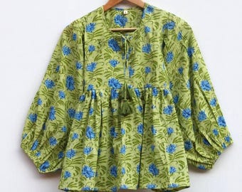 Blusa peplum floral verde, blusa boho de algodão, blusa de verão com mangas bufantes, blusa indie com amarração no pescoço, blusa cottagecore, blusa feminina feita à mão, presente para ela.