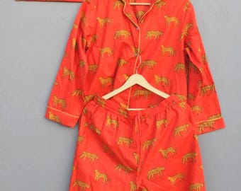 Handmade Cotton Pajama Set, Leopard Print Sleepwear, Women Night Suit, Lounge Set, Comfortable Nightwear, Gift for Her, Soft PJ Set, PJ Set