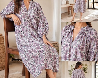 Floral Printed Maxi Dress, Boho Summer Dress for Women, Purple Flower Dress, Loose Fit Midi Dress, Cottagecore Dress, Casual Day Dress