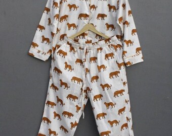 Handmade Tiger Print Pajama Set, White Cotton Nightwear, Women Lounge Set, Animal Print Sleepwear, Minimal Aesthetic Pajamas, Comfy Pj Set