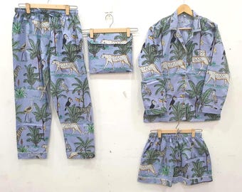 Blue Aesthetic Pajama Set Women, Jungle Animal Print PJs, Cute Lounge Set, Soft Cotton Sleepwear, Cozy Night Outfit, Beautiful Pajama Set,