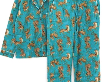 Handmade Cotton Pajama Set, Tiger Print Nightwear, Block Print PJ Set for Women, Soft Cotton Loungewear, Comfortable Sleepwear,Greenish Blue