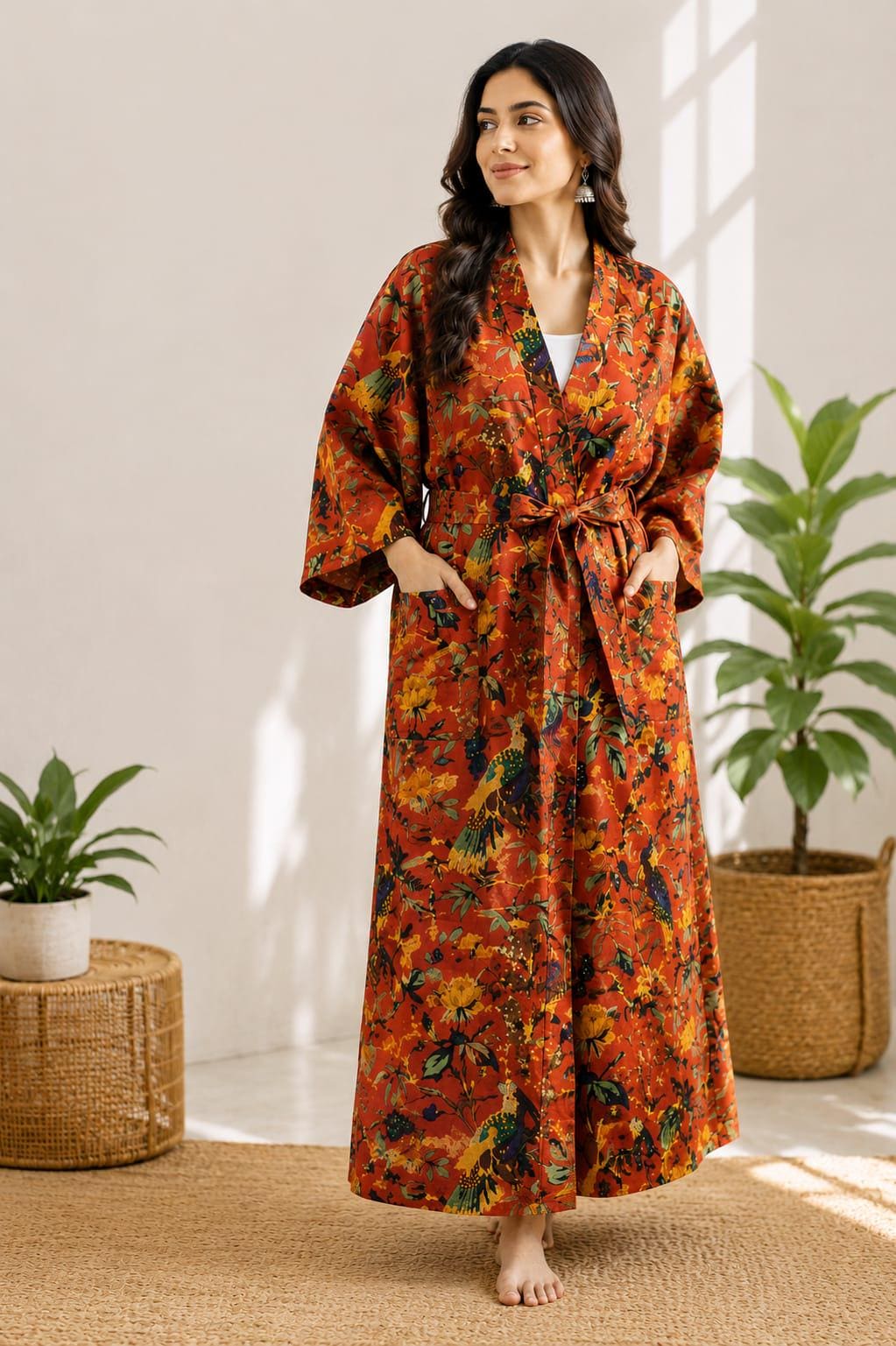 Handmade Cotton Kimono Robe for Women, Floral Bird Print Long Robe, Boho Dressing Gown, Indian Block Print Kimono, Lounge Wear, Beach Cover