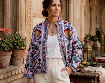 Hand Embroidered Boho Jacket Women, Floral Ethnic Jacket, Vintage Style Cotton Jacket, Bohemian Festival Jacket, Handmade Statement Jacket