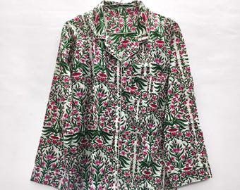 Komplet piżamowy z bawełny w kwiaty | Damska odzież domowa zapinana na guziki