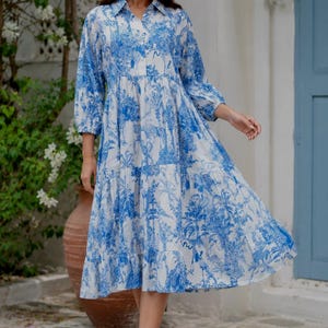 blue and white toile dress women Isabella Dress -Blue Toile  Dynasty George
