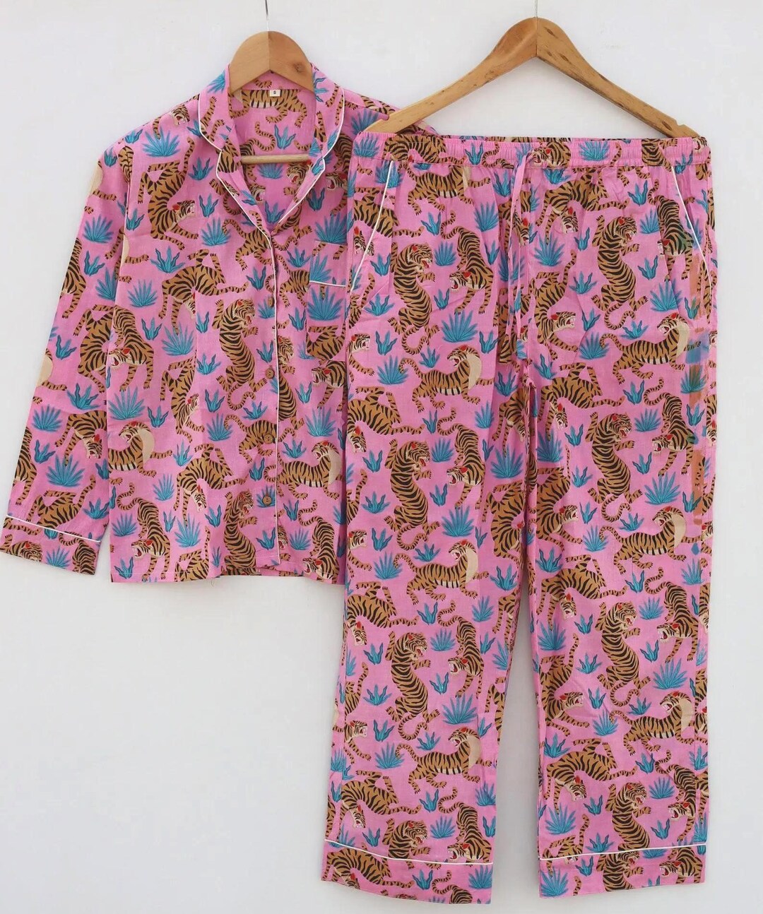 Tapir Pyjamas Handmade Tiger Print Pajama Set, Cotton Women Nightwear, Pink Sleepwear ...