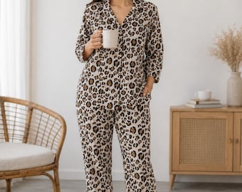 Handmade Leopard Print Cotton Pajama Set for Women, Soft Breathable Lounge Wear, Button Down Night Suit, Comfortable Pajama Set, PJ Gift Her