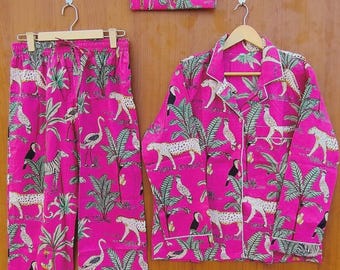 Conjunto de pijama de algodón rosa fucsia, pijama de mujer, ropa de dormir con estampado animal tropical, conjunto de descanso suave, conjunto de pijama a juego, estampado bohemio
