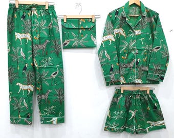 Grönt djungelmönster pyjamasset 3 delat, handgjort bomullsnattplagg, loungeset för kvinnor med skjorta och byxor, pyjamasset med djurmönster