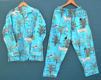 Blue Printed Night Suit Set, Handmade Cotton Pajama Set, Women Sleepwear Set, Jungle Print Pajama, Comfortable Loungewear, Gift for Her, Pj