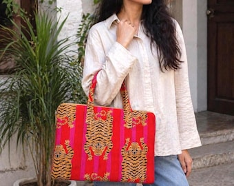 Handmade Quilted Laptop Bag Red Tiger Print Cotton Tote Padded Laptop Sleeve Stylish Work Bag Gift for Women Boho Bag, Beautiful Bags , Bags