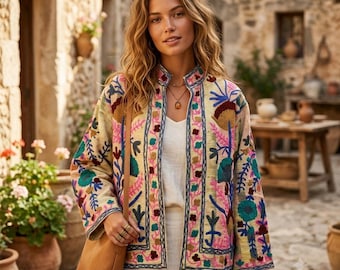 Handmade Embroidered Jacket Women, Boho Floral Statement Coat, Vintage Inspired Ethnic Jacket, Colorful Artisan Wear, Festival Bohemian Coat